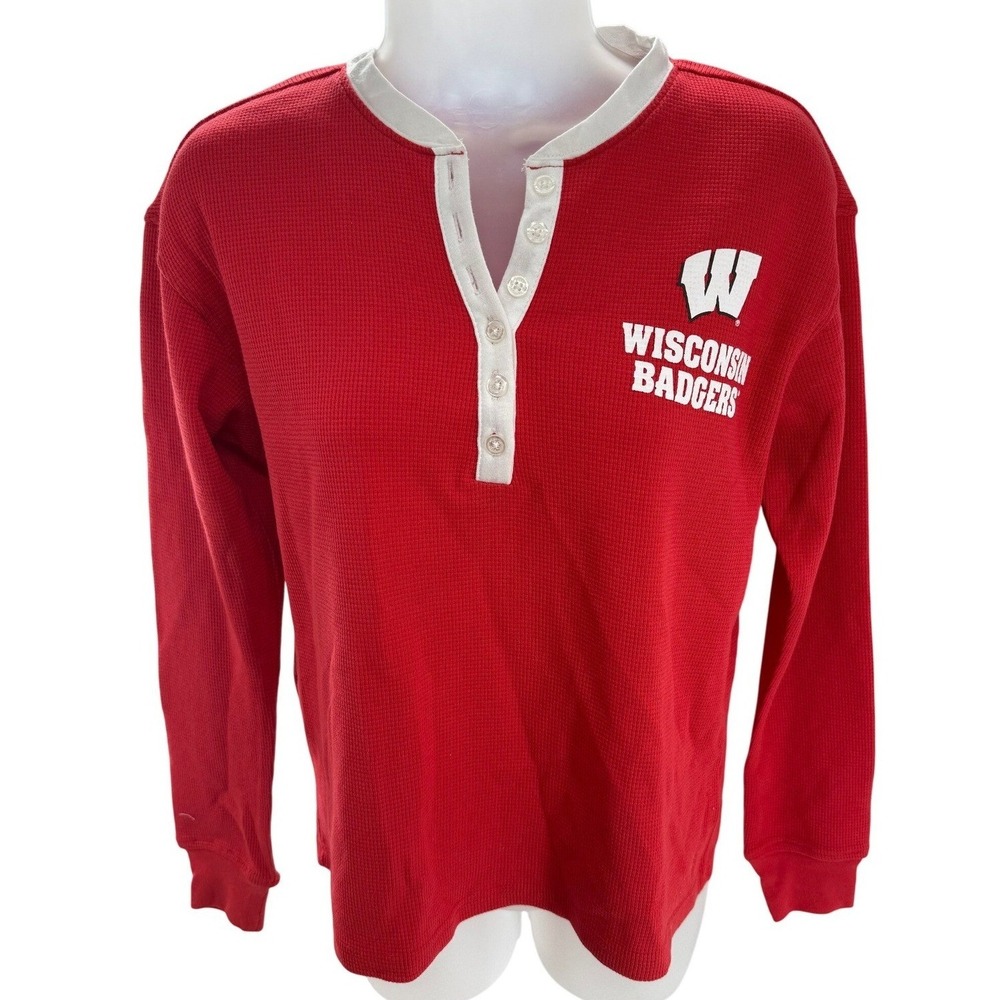WEAR Erin Andrews Wisconsin Badgers Red Waffle Knit Henley Top Small NEW